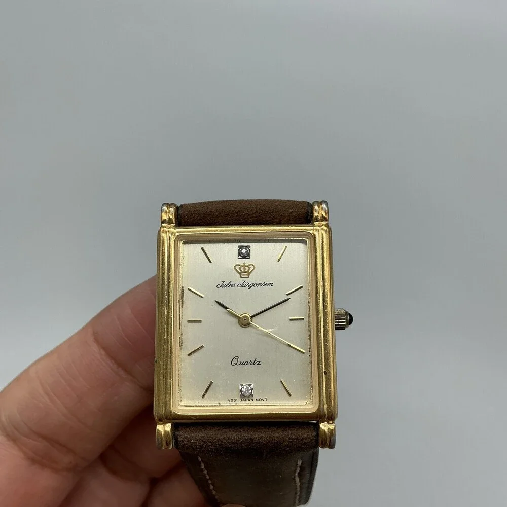 Jules Jurgensen 6741 Mens Watch 25mm Gold Tone Brown Leather New Battery
